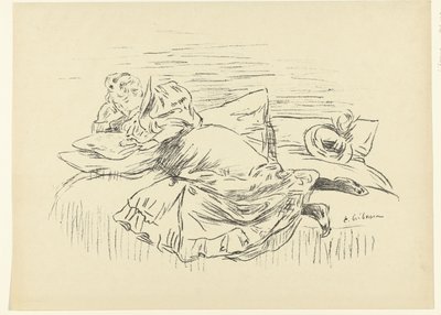 Lesende kvinne liggende på sengen Croquis L'Epreuve (serietittel) av Edouard Crébassa