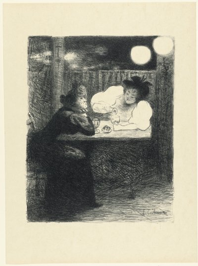 To kvinner drikker absint ved bordet i kafeen Les Femmes à l'absinthe L'Epreuve (serietittel) av Edouard Crébassa