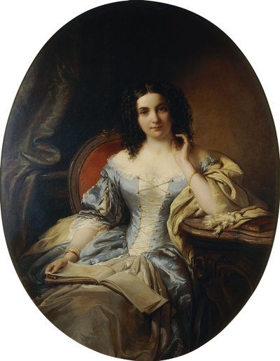 Portrett av en sittende dame i en blå og hvit kjole; Portrett av en sittende dame i en blå og hvit kjole, 1853 av Edouard Ender