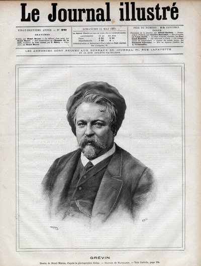 Alfred Grevin (1827-1892) skulptør, tegneserieskaper, tegneserieskaper, tegneserieskaper og designer av franske teaterkostymer - Gravering av Navellier etter Nadars bilde i "The Illustrous Journal" fra 1892 av Edouard Felicien Eugene Navellier