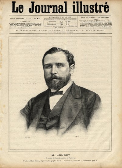 Emile Loubet (1836-1929) i 1892 (president for rådet - innenriksminister) Gravering av Navellier i "The Illustrous Journal" fra 1892 av Edouard Felicien Eugene Navellier