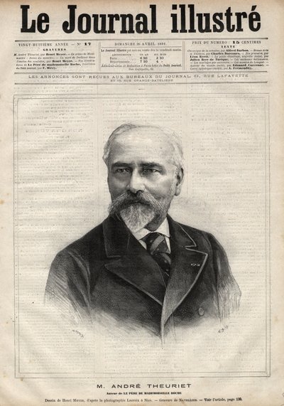 Portrett av Andre Theuriet (1833-1907), fransk romanforfatter, poet og akademiker - Gravering av Navellier i "Le journal illustrious"" fra 1891 av Edouard Felicien Eugene Navellier