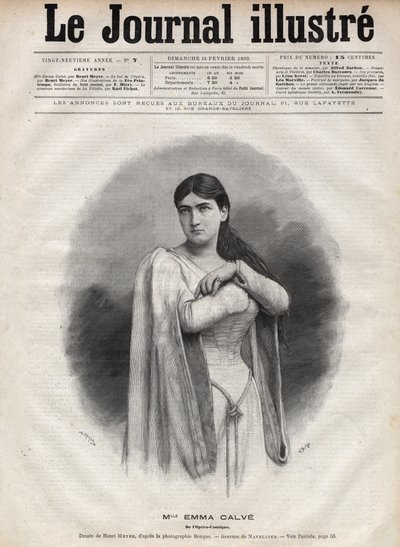 Portrett av Emma Calve (Rosa Noemie Emma Calvet de Roquet, dit) (1858-1942), fransk sopran - Gravering av Navellier i "The Illustrous Journal" fra 1892 av Edouard Felicien Eugene Navellier