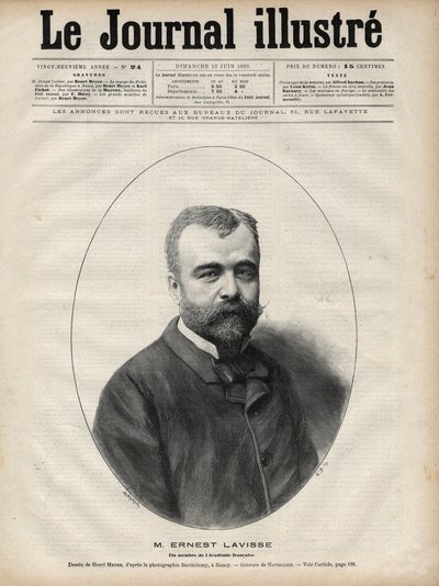 Portrett av Ernest Lavisse (1842-1922), fransk historiker og akademiker - Gravering av Navellier i "Le journal illustrious"" fra 1892 av Edouard Felicien Eugene Navellier