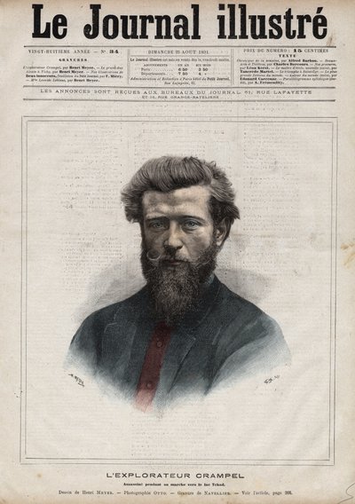 Portrett av Paul Crampel (1864-1891), fransk oppdagelsesreisende av Sentral-Afrika - Gravering av Navellier i "The Illustrous Diary"" fra 1891 av Edouard Felicien Eugene Navellier