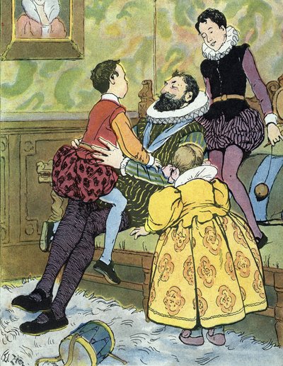 Kongen av Frankrike Henri IV leker med barna sine (1553-1610) Illustrasjon av Edouard Zier i "Nos-Gloriers-Nationales"" 1920 Collection privee av Edouard Francois Zier