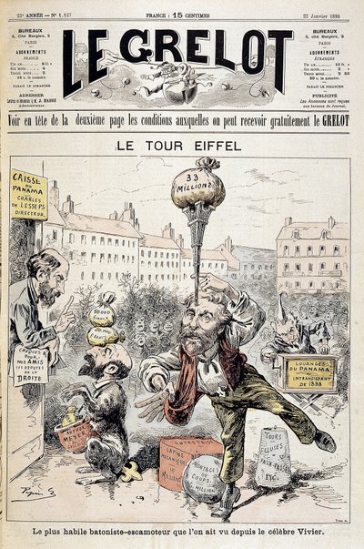 Tegneserie om økonomiske skandaler "" Eiffeltårnet: den dyktigste batonisten - retraktor sett siden den berømte Vivier"". Forside "" Le Grelot"" av 22. januar av Edouard Guillaumin Pepin