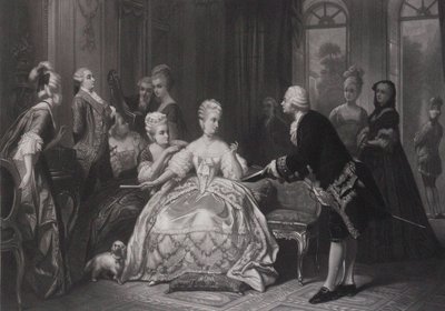 Christoph Willibald Gluck overlater dronning Marie Antoinette partituret til operaen... på Trianon. av Edouard Jean Conrad Hamman