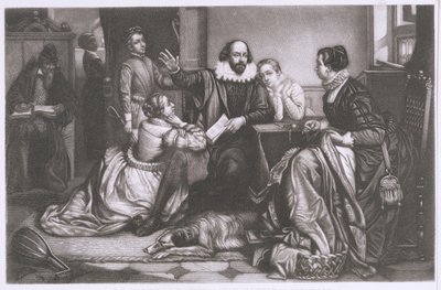Shakespeare med sin familie, i Stratford, reciting the Tragedy Hamlet (stippgravering og etsning) av Edouard Jean Conrad Hamman