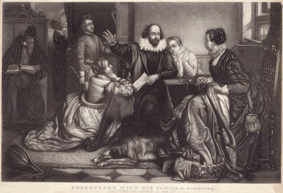 Shakespeare med familien sin i Stratford on Avon, og resiterte tragedien til Hamlet av Edouard Jean Conrad Hamman