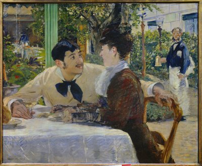 Far Lathuilles. Utendørs Et par som drikker et glass champagne på terrassen til en utendørs restaurant nær Place de Clichy i Paris (Montmartre). Maleri av Edouard Manet (1832-1883) 1879 Tournai. Museum of Fine Arts av Édouard Manet