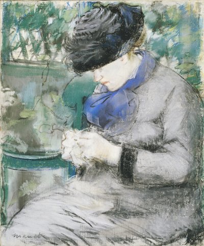 Jente som sitter i hagen, eller strikker, 1879 av Édouard Manet