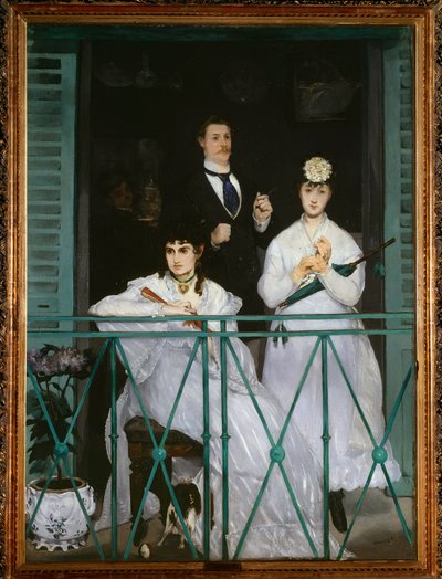 Balkongen (portretter av Berthe Morisot, Fanny Claus, Antoine Guillemet og Leon Leenhoff) - olje på lerret av Édouard Manet