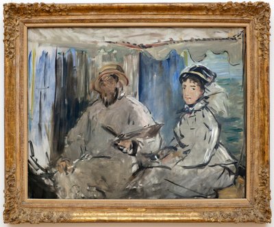 Maleren Claude Monet (1840-1926) i atelieret hans. (Ved hans side, kona Camille, i verkstedbåten hans). Maleri av Edouard Manet (1832-1883), Olje på lerret av Édouard Manet