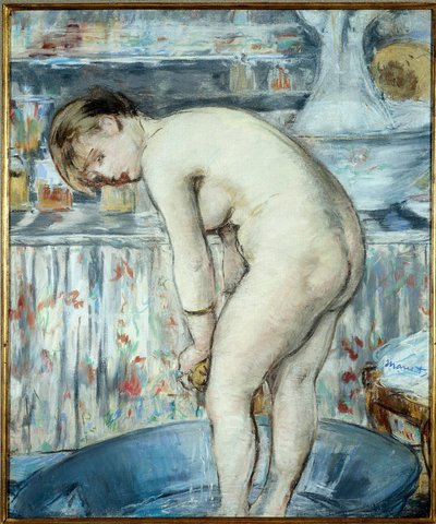 Karet eller Kvinne i karet. En kvinne med føttene i en vask lager toalettet sitt. Pastellmaleri av Edouard Manet (1832-1883) Dim 0,54 x 0,45 av Édouard Manet