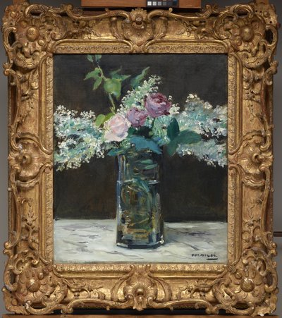 Vase med hvite syriner og roser av Édouard Manet