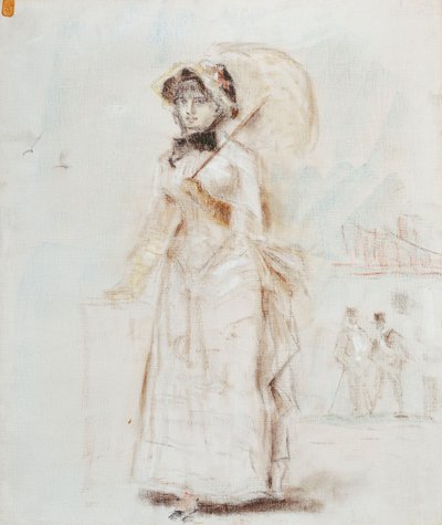 Kvinne som går med åpen paraply; Kvinne ute på tur med en åpen parasoll, 1880 av Édouard Manet