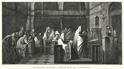 Synagoge under en Torah-lesning (litho) av Edouard Moyse