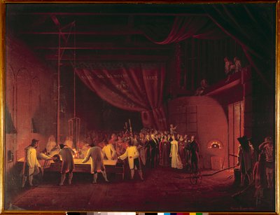 Marie Caroline de Bourbon Sicilia, hertuginne av Berry (1798-1870), besøkte fabrikkene i Saint Gobain i 1822. Arbeiderne laget en bordstøping av glass. Maleri av Edouard Pingret (1788-1875) 1824 Privat samling av Edouard Pingret