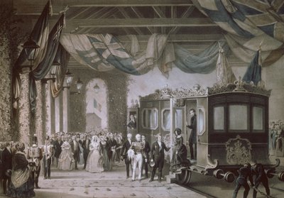 Dronning Victoria (1819-1901) og prins Albert (1819-61) ankommer Gosport Station, Hampshire, gravert av Bayot & Cuvilier, 1846 av Edouard Pingret