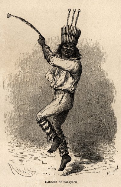 En danser i Sarayacu (Peru), tegning av Riou, for å illustrere Paul Marcoys reise fra Stillehavet til Atlanterhavet fra 1848 til 1860. Gravering i "" Le tour du monde", redigert av Edouard Charton av Edouard Riou