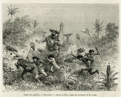 En gjeng barn jaktet på sommerfugler, akkompagnert av forfatteren, en Villavicensio (Colombia), tegning av Riou, for å illustrere historien om Equinoxiale America (Colombia, Ecuador, Peru), i 1875-1876, av Ed. andre, reisende med ansvar for oppdraget til F av Edouard Riou