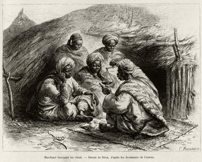 En kjøpmann som fascinerer en kunde, sitter på gulvet, på en liten matte, han lager artikkelen ved å holde en vekt. Gravering av Riou, for å illustrere historien "" Fra Niger til Guineebukta", av kaptein Louis Gustave Binger (1856-1936), i 1887-1889, i av Edouard Riou