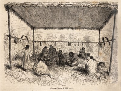 Ajoupa (prekær boligbygging) av antis-indianerne, i Biticaraya (Peru), tegning av Riou, som illustrerer reisen fra Stillehavet til Atlanterhavet av Edouard Riou