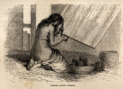 En indisk Conibo fra Peru veving, tegning av Riou for å illustrere reisen, fra 1848 til 1860, til P. Marcoy, fra Stillehavet til Atlanterhavet. Gravering i "" Le tour du monde"", redigert av Edouard Charton av Edouard Riou