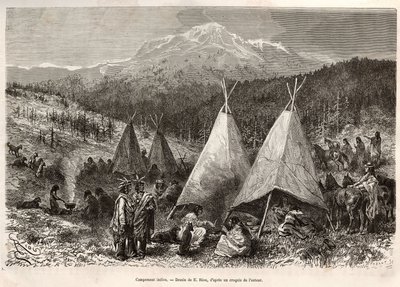 En indisk leir, i Utah-territoriet, ved bredden av Riviere Verte. Gravering etter tegningen av E.Riou, for å illustrere historien La conquete blanche, av William Hepworth Dixon, i 1875, publisert i "" Le tour du monde""" 1876, redigert av Edouard Charto av Edouard Riou