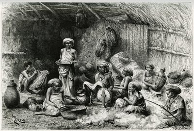 En ettermiddag på favoritten til sjeiken fra Gobrons, kvinneaktiviteter: broderi og spinning av ull, flettet og keramikk. Gravering av Riou, for å illustrere historien "" Voyage chez les Benadir, les somalis et les Bayoun"", i 1882-1883, av Georges Rev. av Edouard Riou