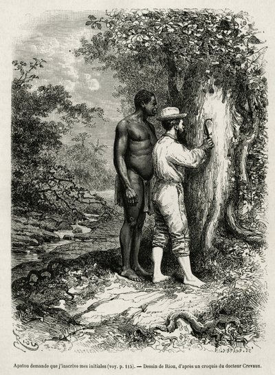 Apatou, guide og reisefølge ber oppdagelsesforfatteren om å gravere initialene sine i barken på et tre. Gravering av Riou, for å illustrere historien om Cayenne aux Andes, av Jules Crevaux, lege for den franske marinen, i 1878-1879, publisert i Tour du av Edouard Riou