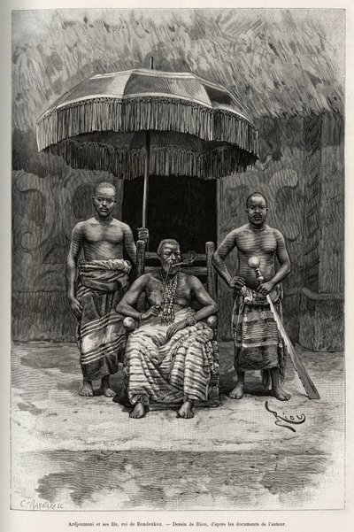 Ardjoumani (død 1892) og sønnene hans, konge av Bondoukou (Elfenbenskysten). Gravering av Riou, for å illustrere historien "" Fra Niger til Guineebukta"" av kaptein Louis Gustave Binger (1856-1936), i 1887-1889, i Le tour du monde, nouveau journal des voya av Edouard Riou