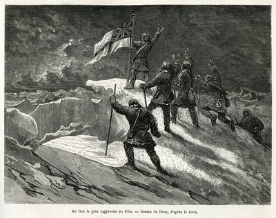 Kaptein George Strong Nares (1831-1915) plantet det britiske flagget på stedet nærmest polen, tegnet av Riou, for å illustrere historien om en reise til polarhavet i 1875-1876, av kaptein G.S.Nares. Gravering i Le tour du monde av Edouard Riou