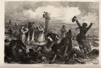 Feiring av fete des morts i Cuzco, tegning av Riou, for å illustrere Paul Marcoys reise gjennom Sør-Amerika fra 1848 til 1860. Gravering i "" Le tour du monde", redigert av Edouard Charton av Edouard Riou