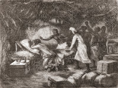 Dr. Livingstones død i landsbyen Tchitammbo, Afrika, i 1873, illustrasjon fra "The World in the Hands", publisert 1878 av Edouard Riou