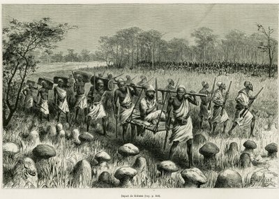 Dro fra Kalassa, fortelleren reisende i stolen med bærere. Gravering av Riou for å illustrere historien Les lacs de l