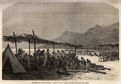 Utdeling av mat i Keauhou, etter jordskjelvet og vulkanutbruddet i 1868, for ofrene for katastrofen, gravering etter tegningen av E.Riou, som illustrerer reisen til Sandwichøyene, i 1855-1869, av C. de Varigny, publisert i "" Le av Edouard Riou