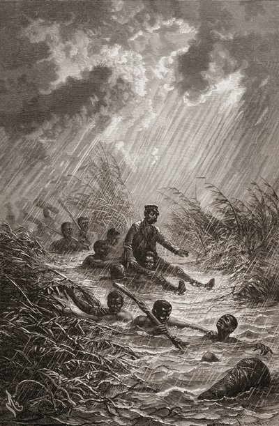 Dr. David Livingstone ble båret gjennom en sump av portører under sin ekspedisjon til Afrika i 1872, illustrasjon fra "The World in the Hands", gravert av Charles Laplante av Edouard Riou