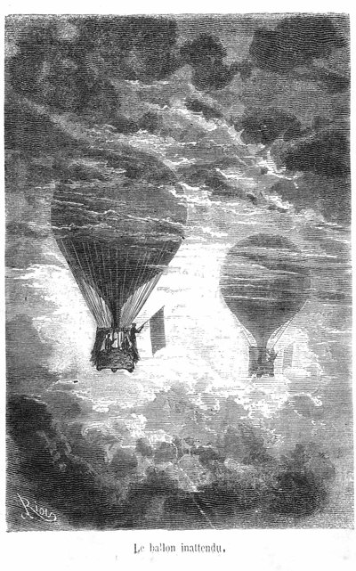 Tegning av boken av Jules Verne «Five weeks en Ballon»-samlingen Hetzel/Extraordinary Travels. Victoriaballongen møter en annen ballong i skyene av Edouard Riou