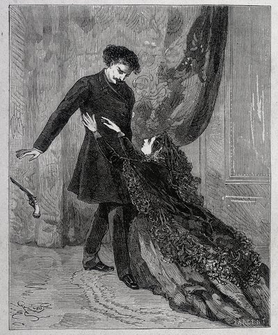 Edmond Dantes et Mercedes - Gravering av Riou, i "" Greven av Monte Cristo"" (Monte-Cristo) av Alexandre Dumas pere (1802-1870), red. Jules Rouff & Cie av Edouard Riou