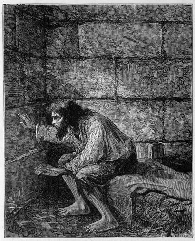 Edmond Dantes, greven av Monte Cristo (Monte Cristo) i fengselet hans - Gravering av Riou, i "La Comte de Monte-Cristo" av Alexandre Dumas, Rouff & Cie av Edouard Riou