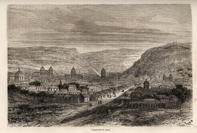 Generell oversikt over Cusco eller Cusco, tidligere hovedstad i Inkaene, tegning av Riou, for å illustrere Paul Marcoys reise gjennom Sør-Amerika fra 1848 til 1860. Gravering i "" Le tour du monde"", redigert av Edouard Charton av Edouard Riou