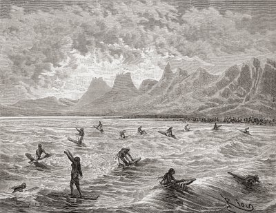 Hawaiianere som surfer, illustrasjon fra 