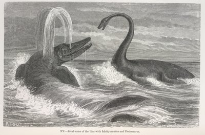 'Ideell scene for liasene med Ichthyosaurus og Plesiosaurus' av Edouard Riou