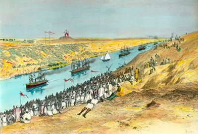 Innvielse av Suez-kanalen Kanalen ble opprettet for å forbinde Rødehavet med Middelhavet. Illustrasjon av Edouard Riou (1833-1900) 1869 Privat samling av Edouard Riou