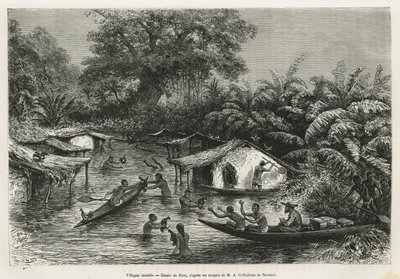 Inondes-landsbyer, tegnet av Riou, for å illustrere historien om en tur til Gabon og Ogoue-elven i 1875-1877, av Alfred Marche. Gravering i Le tour du monde av Edouard Riou