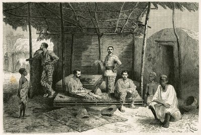 Installasjon av oppdraget i Nango, for et 10-måneders opphold, med portretter av Gallieni og hans kapteiner Valliere og Pietri, doktor Tautain samt hans tolker, guide og cantiniere. Gravering av Riou, basert på en skisse av forfatteren, for å illustrere av Edouard Riou
