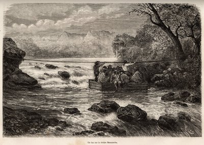 La traversee par le bac de la Riviere Mesacancha (Bas Peru), gravering av E.Riou som illustrerer reisen i fjellene, Huarancalqui-dalen og regionene i Pjonal, fra 1862 til 1863, av Paul Marcoy, publisert i "" Le tour du monde”” 1875 av Edouard Riou