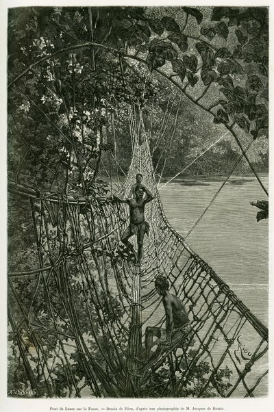Liana-broen over Passa. Gravering av Riou, for å illustrere historien Reiser i Vest-Afrika av Edouard Riou